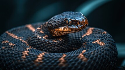 Fototapeta premium A close-up of a coiled snake with striking scales and an intense gaze.