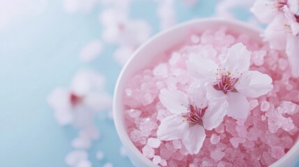 A peaceful spa scene with pink salts, delicate cherry blossom flowers, and soft pastel tones.