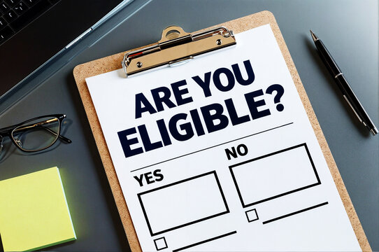 A "yes" or "no" option selection for question "Are you eligible", on a clipboard, with a pen and a book in the background, suggesting the decision-making process.