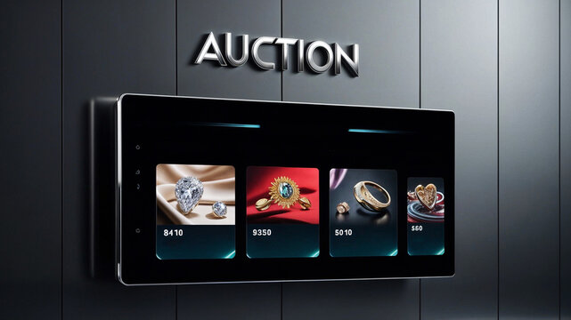 Display monitor an auction app displaying a variety of jewelry items for sale, with price ranges