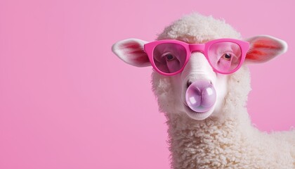 A playful sheep wearing trendy pink shades and blowing a bubblegum bubble, representing a humorous take on animal fashion.