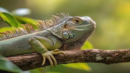 A close-up of a vibrant iguana resting on a branch amidst lush greenery.