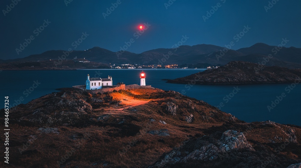 Sticker a serene lighthouse scene at dusk with a glowing red light and distant hills.