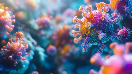 A vibrant sale of colorful virus cells in close-up view, highly detailed, 