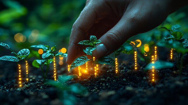 A hand nurturing plants in a nursery, with glowing DNA strands and chromosomal symbols softly emerging in the background