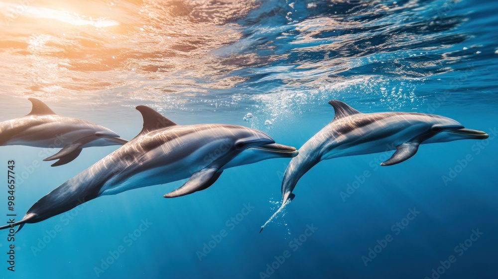 Poster Three dolphins swimming gracefully in clear blue water, showcasing marine life beauty.