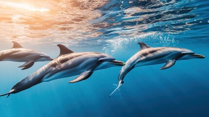 Obraz premium Three dolphins swimming gracefully in clear blue water, showcasing marine life beauty.