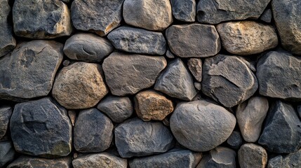 Fototapeta premium A close-up view of a textured stone wall composed of various shapes and sizes of stones.