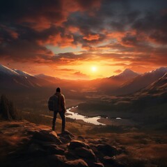 silhouette of a person standing on a mountain top,generative ai illustration
