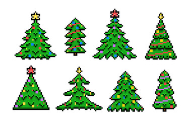 Set of Christmas Trees Vector Illustration in Pixel Style