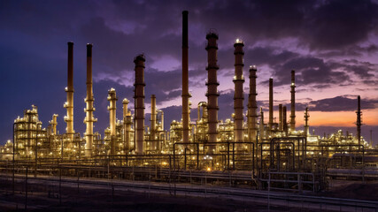 Fototapeta premium Illuminated industrial refinery landscape with towering chimneys at sunset under a dramatic sky.
