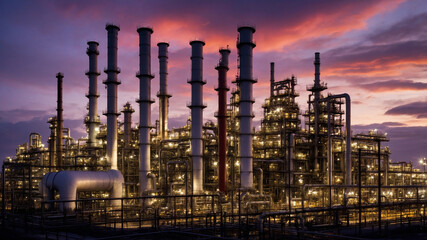 Fototapeta premium Illuminated industrial refinery landscape with towering chimneys at sunset under a dramatic sky.
