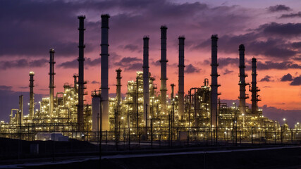 Obraz premium Illuminated industrial refinery landscape with towering chimneys at sunset under a dramatic sky.