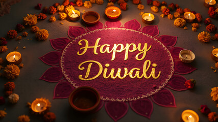 Bright and colorful rangoli design with 'Happy Diwali' written in elegant gold letters, surrounded by marigold flowers and candles.