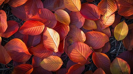 A close-up view of a ground covered with vibrant red and orange autumn leaves.
