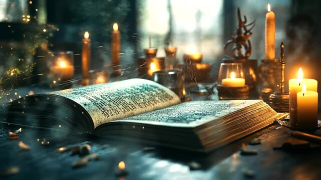 A witch's spellbook open on a table, surrounded by candles and magical artifacts