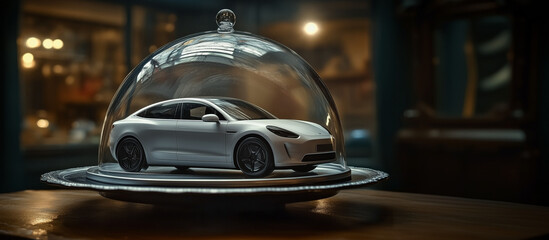 Fototapeta premium A car placed on a large silver platter and covered by a large glass dome