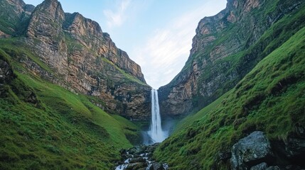 A stunning waterfall cascades between towering cliffs in a lush, green valley.