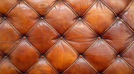 Naklejka premium A worn leather sofa with quilted upholstery, showcasing the richness of its texture over time.