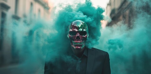 Red skull with turquoise patterns in suit, mysterious atmosphere with green smoke clouds
