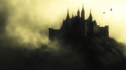 Obraz premium A dark, atmospheric castle silhouette shrouded in mist, evoking mystery and intrigue.