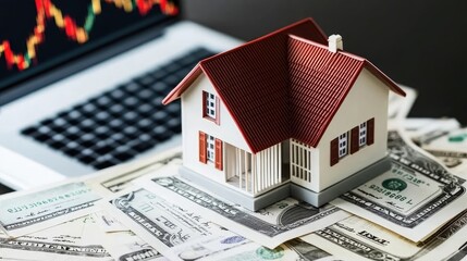 A small house model sits among dollar bills on a laptop displaying a bearish trend graph, illustrating the potential impact of a real estate market crash in a home environment