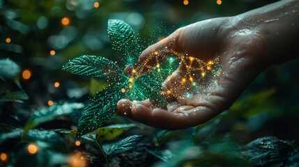 A hand on a vibrant green plant, with a subtle overlay of biochemistry structures like chromosomes and DNA strands