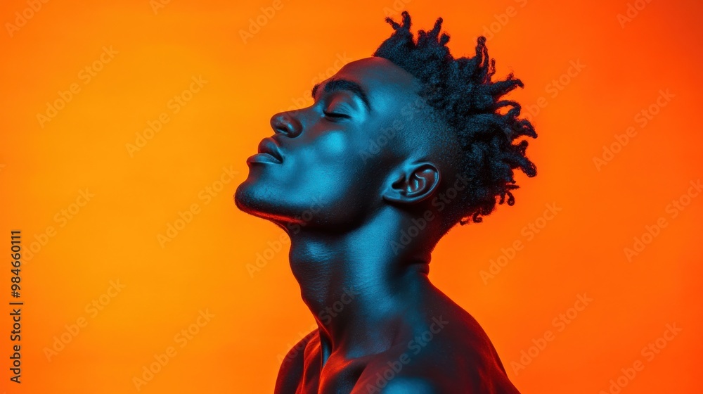 Poster A profile of a man against a vibrant orange background, showcasing artistic lighting.