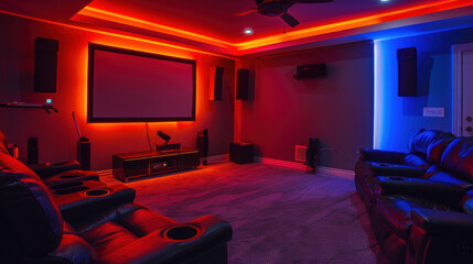 A home theater with strategically placed LED strip lights, setting the mood with subtle colors that enhance the movie-watching experience