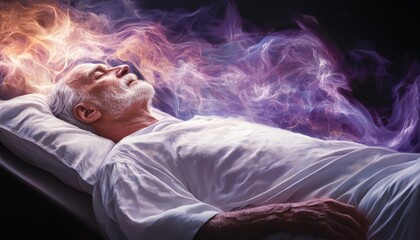 An old man lying in bed, surrounded by an aura of calmness, representing life's final chapter.