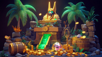 The Anubis wrath slot game character with gold coins, game background, Illustration