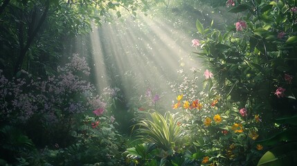 Serene Garden with Soft Mist and Sunlight: A Watercolor Illustration