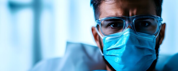 A focused healthcare worker wearing a mask and protective goggles in a clinical environment, conveying seriousness and dedication.