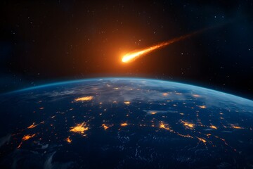 Obraz premium A glowing meteor streaks through space, heading towards Earth, illuminating the planet's surface with a fiery orange trail.