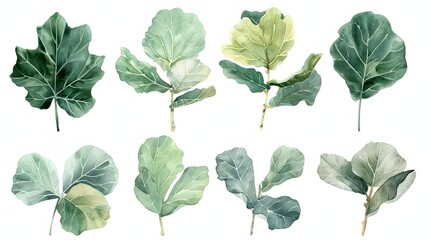 Watercolor Arrangement of Fig Leaves in Shades of Green on White Background