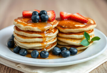 Stacks of golden pancakes with honey,  blueberries and strawberries, served with maple syrup on wooden table