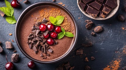 Rich Chocolate Dessert with Berries and Mint Garnish