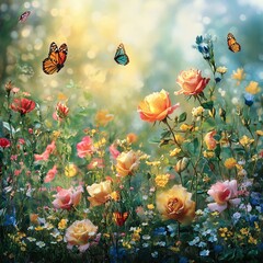 Vibrant Garden Oasis: Roses, Wildflowers, and Butterflies in Bloom