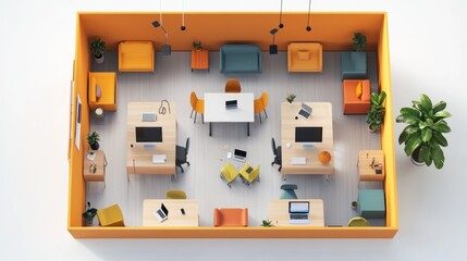 An overhead view of a modern office space with various workstations and seating areas.