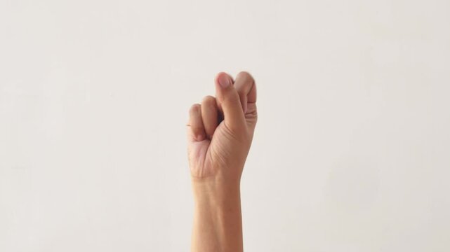 Woman's hands counting the numbers one to five on a white background. The hand of an adult asian woman shows the numbers one to five on a white background. 4K slow motion footage.