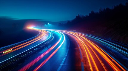 Nighttime Highway with Colorful Light Trails