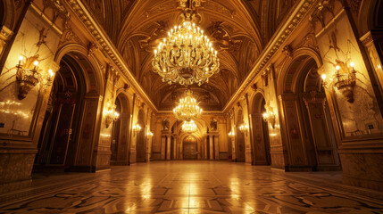 A grand hall in a historical building illuminated by ornate chandeliers, casting a warm, golden glow on the intricate details of the ceiling and walls, evoking a sense of timeless elegance