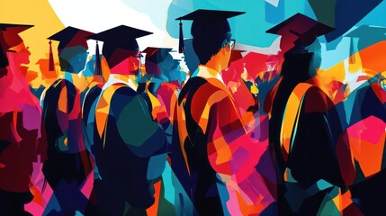 Abstract art showing a graduation ceremony, with distorted figures and bold colors representing the celebration