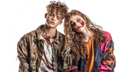 Fototapeta premium Two young individuals styled with a zombie theme, featuring dramatic makeup and distressed clothing.