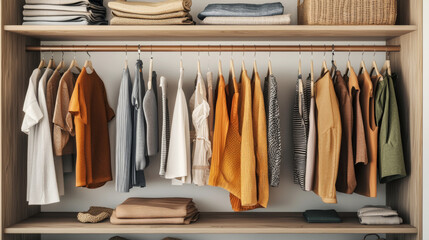 A closet full of clothes with a yellow shirt hanging in the middle