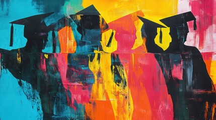 Abstract art showing a graduation ceremony, with distorted figures and bold colors representing the celebration