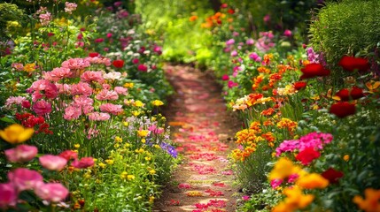 Vibrant garden path adorned with diverse varieties of flowers, creating a colorful and immersive natural setting with layers of blooms that add depth and beauty. Bright floral arrangements and natural