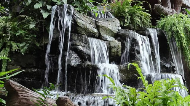 Footage of cascading garden waterfalls surrounded by tropical plants