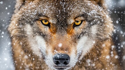 Fototapeta premium A close-up of a wolf's face in a snowy environment, showcasing its piercing eyes and fur.