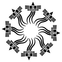 Round spiral star shape mandala or frame with Native American motifs. Black and white silhouette.